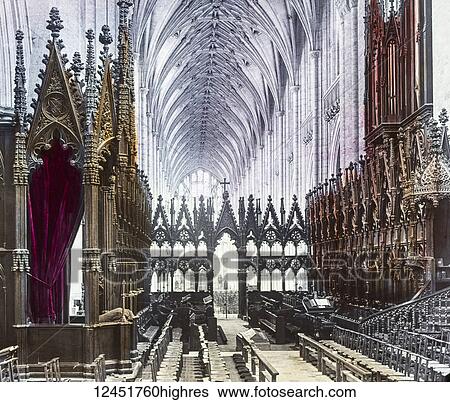 Stock Photograph - A hand coloured magic lantern slide circa 1900. The choir Winchester Cathedral. Fotosearch