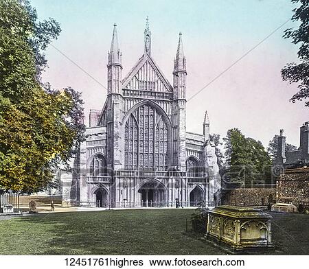 A hand coloured magic lantern slide circa 1900. West Front Winchester Cathedral View Large Photo Image Stock Photograph - A hand coloured magic lantern slide circa 1900. West Front Winchester Cathedral. Fotosearch