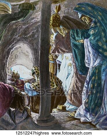 Stock Photograph - A hand coloured magic lantern slide circa 1900, Epiphany, three kings, wise men visit Jesus. Fotosearch