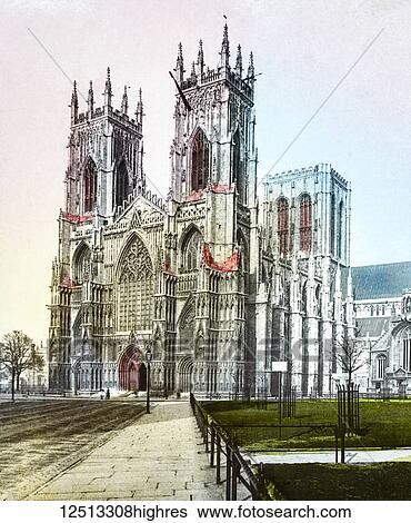 Stock Photograph - A hand coloured magic lantern slide circa 1900. York Minster circa 1896 hand coloured.. Fotosearch