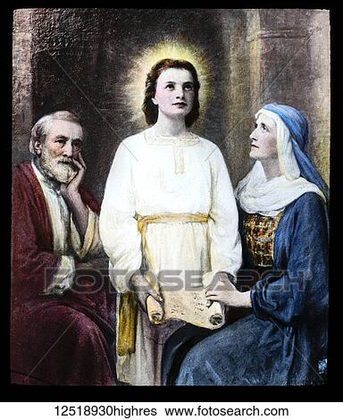 Stock Photograph - A hand coloured magic lantern slide circa 1900. The home at Nazareth, Jesus, Mary and Joseph. Fotosearch