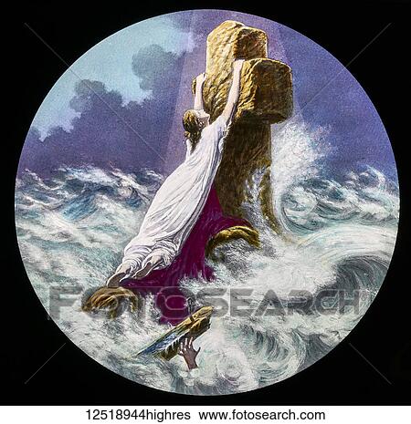 Stock Photograph - A hand coloured magic lantern slide circa 1900. A woman clinging to a cross in rough sea. Rock of ages hymn. Fotosearch