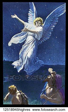 Stock Photograph - A hand coloured magic lantern slide circa 1900. And there were shepherds living out in the fields nearby, keeping watch over their flocks at night. An angel of the Lord appeared to them, and the glory of the Lord shone around them, and they were.... Fotosearch