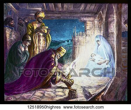 Stock Photograph - A hand coloured magic lantern slide circa 1900. The adoration of the wise men from the illustrated bible.. Fotosearch