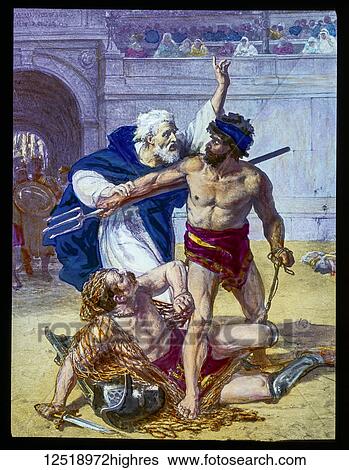 Stock Photograph - A hand coloured magic lantern slide circa 1900. Saint Telemachus (also Almachus[1] or Almachius) was a monk who, according to the Church historian Theodoret, [2] tried to stop a gladiatorial fight in a Roman amphitheatre, and was stoned to death by the.... Fotosearch