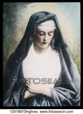 Stock Photograph - A hand coloured magic lantern slide circa 1900. A. R. Mowbray Co Ltd, painting handmaiden of the Lord.. Fotosearch