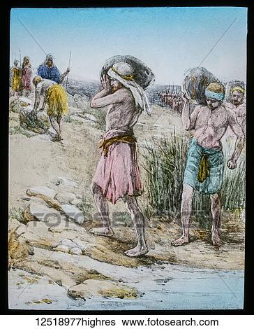 Stock Photograph - A hand coloured magic lantern slide circa 1900. Joshua twelve memorial stones drawing. Fotosearch