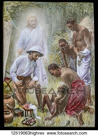 A hand coloured magic lantern slide circa 1900. The divine healer. A picture showing a missionary administering medicine with Jesus standing behind him. Tribespeople holding poorly child View Large Photo Image Stock Photograph - A hand coloured magic lantern slide circa 1900. The divine healer. A picture showing a missionary administering medicine with Jesus standing behind him. Tribespeople holding poorly child. Fotosearch