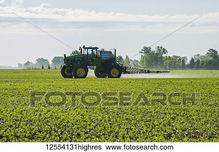 Stock Photograph - A high clearance sprayer gives a ground chemical application of herbicide to early growth soybeans, near Niverville; Manitoba, Canada. Fotosearch