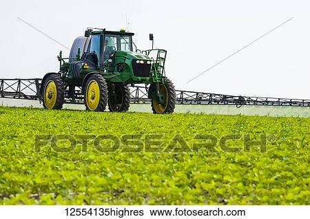 Stock Photograph - A high clearance sprayer gives a ground chemical application of herbicide to early growth soybeans, near Niverville; Manitoba, Canada. Fotosearch