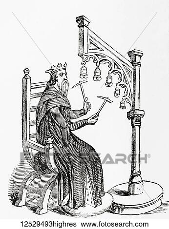Stock Photograph - A king using small hammers to play hand-bells which were suspended from a wooden stand. From Old England: A Pictorial Museum, published 1847.. Fotosearch
