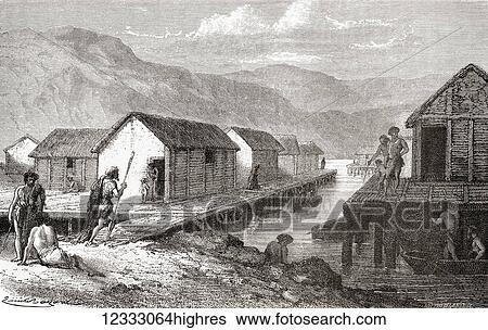 Stock Photograph - A lakeside village in Switzerland during the Bronze Age. From L'Homme Primitif, published 1870.. Fotosearch