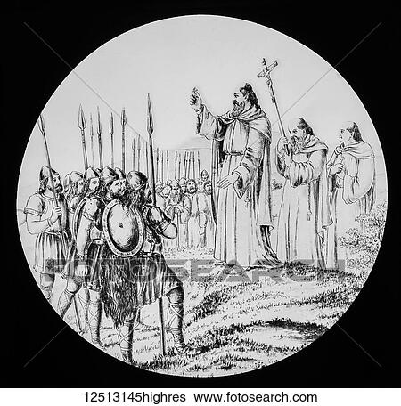 Stock Photograph - A magic lantern slide circa 1900. St Patrick preaching in Ireland, religious slide. Fotosearch
