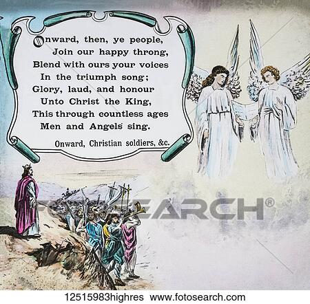 Stock Photograph - A magic lantern slide circa 1900. Religious slide projecting the words and graphics for the hymn Onward Christian Soldiers. Fotosearch