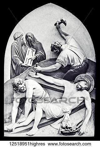 A magic lantern slide circa 1900. Religious slides. Jesus is nailed to the Cross -- S. Luke xxiii. 33. Stations of the Cross, from wood carvings (religious: Newton & Co., 14 slides, in/before 1912). View Large Photo Image Stock Photograph - A magic lantern slide circa 1900. Religious slides. Jesus is nailed to the Cross -- S. Luke xxiii. 33. Stations of the Cross, from wood carvings (religious: Newton & Co., 14 slides, in/before 1912).. Fotosearch