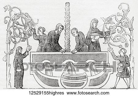 Stock Photograph - A medieval wine press, after a Cotton MS. The Cotton or Cottonian library is a collection of manuscripts once owned by Sir Robert Bruce Cotton (15711631), an antiquarian and bibliophile. From Old England: A Pictorial Museum, published 1847. From Old.... Fotosearch
