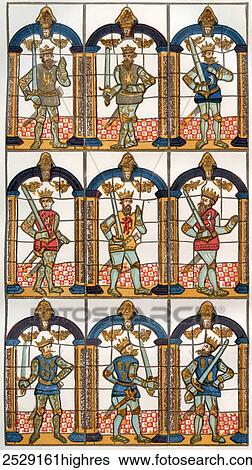 Stock Photograph - A painted or stained glass window depicting two Saxon earls of Merica and seven Norman earls of Chester. From Old England: A Pictorial Museum, published 1847.. Fotosearch
