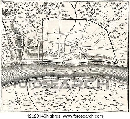 Stock Photograph - A plan of Roman London, known as Londinium, England. From Old England: A Pictorial Museum, published 1847.. Fotosearch