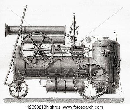 Stock Photograph - A portable steam engine built in France by the company M. Cail et Cie in the 19th century. From Les Merveilles de la Science, published 1870.. Fotosearch