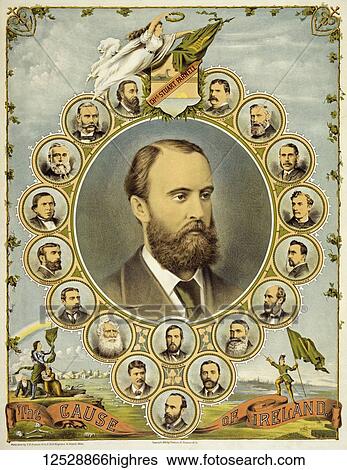 Stock Photograph - A poster from 1891, printed in America, supporting the Irish demand for Home Rule. At the centre is a portrait of the Irish Nationalist politician Charles Stewart Parnell. He is surrounded by portraits of other prominent Nationalists.. Fotosearch