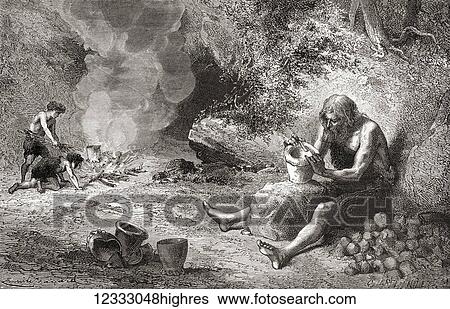 Stock Photograph - A potter at work during the Neolithic Age, New Stone Age or Age of the Polished Stone. From L'Homme Primitif, published 1870.. Fotosearch