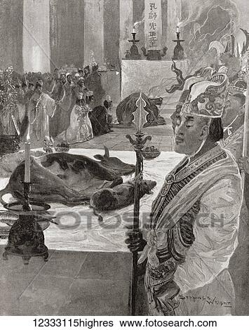 Stock Photograph - A sacrificial offering in a temple of Confucius or Confucian temple c. 505 AD. From Hutchinson's History of the Nations, published 1915.. Fotosearch