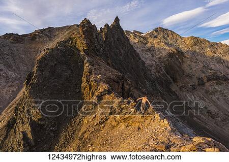 A shirtless hiker scrambles over a craggy ridge in the eastern Alaska Range near Whistler Creek in summer; Alaska, United States of America View Large Photo Image Stock Photograph - A shirtless hiker scrambles over a craggy ridge in the eastern Alaska Range near Whistler Creek in summer; Alaska, United States of America. Fotosearch