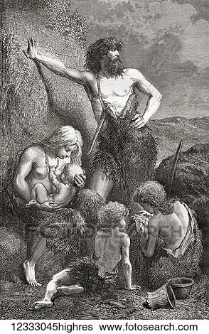 Stock Photograph - A stone age family. From L'Homme Primitif, published 1870.. Fotosearch