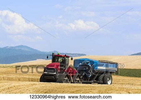 Stock Photograph - A Tractor Pulls A Grain Cart Over The Wheat Fields On Rolling Hills Of Eastern Washington; Washington, United States Of America. Fotosearch