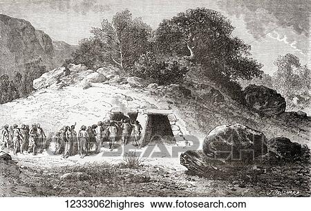 Stock Photograph - A tumulus, aka barrow, burial mound or kurgan, a mound of earth and stones raised over a grave or graves during the Neolithic Age, New Stone Age or Age of the Polished Stone. From L'Homme Primitif, published 1870.. Fotosearch