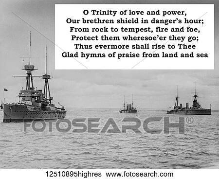 Stock Photograph - A verse from the navy hymn Eternal Father, Strong to Save' on a background of ships on the ocean. Fotosearch
