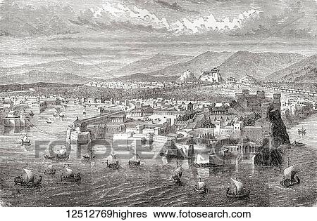 Stock Photograph - A view of ancient Athens, Greece from Piraeus. From Ward and Lock's Illustrated History of the World, published c. 1882.. Fotosearch