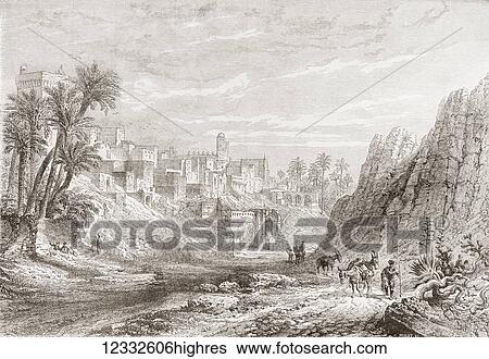 Stock Photograph - A view of Elche, Baix Vinalop, province of Alicante, Valencian Community, Spain in the 19th century. From Album-Evenement, Prime du Journal L'Evenement, published 1865.. Fotosearch