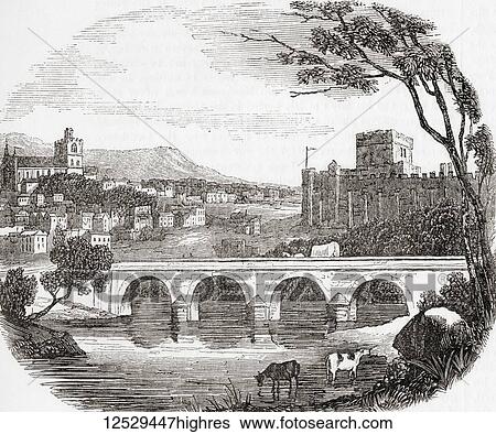 Stock Photograph - A view of the city of Carlise and the castle, Cumbria, England in the 19th century. From Old England: A Pictorial Museum, published 1847.. Fotosearch