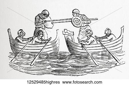 Stock Photograph - A water tournament in the middle ages. From Old England: A Pictorial Museum, published 1847.. Fotosearch