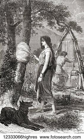 Stock Photograph - A woman weaving during the Bronze Age. From L'Homme Primitif, published 1870.. Fotosearch