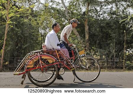 A young man petals an older man on a cycle rickshaw; Bagan, Myanmar View Large Photo Image Stock Photograph - A young man petals an older man on a cycle rickshaw; Bagan, Myanmar. Fotosearch