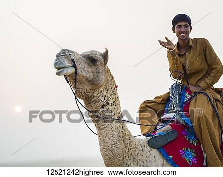 Stock Photograph - A young man sits on his camel and smiles for the camera, Thar Desert; Kanoi, Rajasthan, India. Fotosearch
