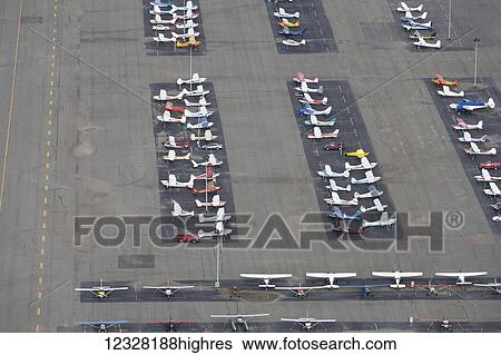 Stock Photograph - Aerial Overlooking Parked Small Planes At Merrill Field, Anchorage, Southcentral Alaska, USA. Fotosearch