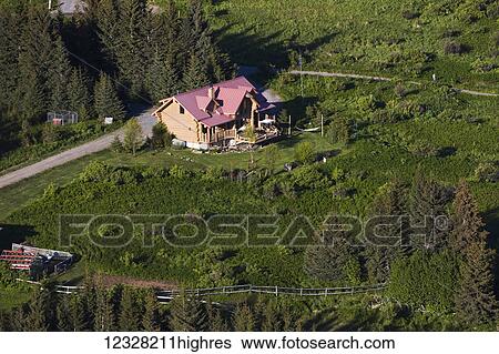 Stock Photograph - Aerial View Of A Log Cabin Home, Homer, Southcentral Alaska, USA. Fotosearch