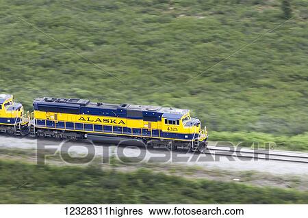 Stock Photograph - Aerial View Of An Alaska Railroad Train Engine En Route, Alaska, USA. Fotosearch