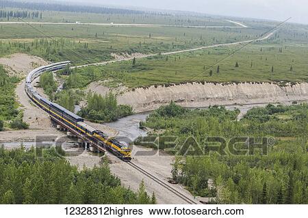 Stock Photograph - Aerial View Of An Alaska Railroad Train En Route, Alaska, USA. Fotosearch