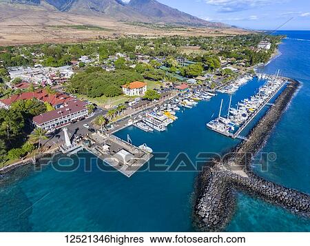 Stock Photograph - Aerial view of Lahaina harbour and town including the Pioneer Inn; Lahaina, Maui, Hawaii, United States of America. Fotosearch