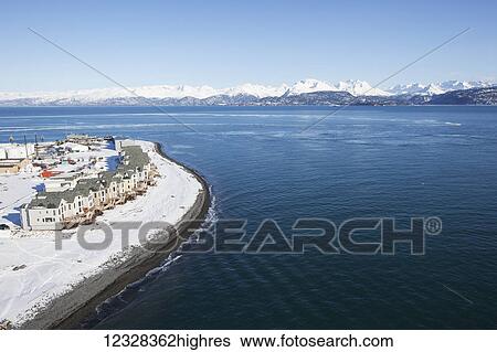 Stock Photograph - Aerial View Of The Homer Spit In Winter, Southcentral Alaska, USA. Fotosearch