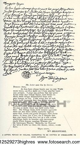 Stock Photograph - Afer a letter forged by Ireland, purporting to be written by Shakespeare to Anne Hathaway. William Henry Ireland, 17751835. English forger of would be Shakespearean documents and plays. William Shakespeare, 1564 (baptised) 1616. English poet,.... Fotosearch