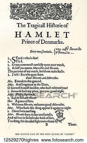 Stock Photograph - After the opening page of the first cuarto of Shaekspeare's play Hamlet. William Shakespeare, 1564 (baptised) 1616. English poet, playwright and actor. From A Life of William Shakespeare, published 1908.. Fotosearch
