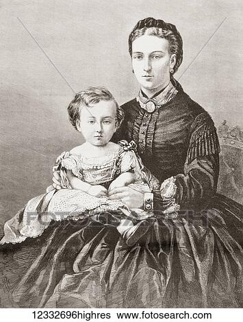 Stock Photograph - Alexandra of Denmark (1844 1925) seen here whilst still Princess of Wales, holding her son prince Albert-Victor. Future Queen of the United Kingdom of Great Britain and Ireland and Empress of India as the wife of King-Emperor Edward VII. Prince.... Fotosearch