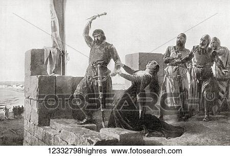 Stock Photograph - Alonso Prez de Guzmn defending Tarifa castle, Spain in 1296 on behalf of Sancho IV of Castile against the Moors. Guzmn's son had been placed under the care of Don Juan, Sancho's rebellious brother who threatened to kill the captive unless Guzmn.... Fotosearch