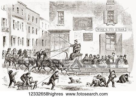 Stock Photograph - An 1865 omnibus sleigh pulled by six horses on a wintry street in New York City, United States of America. From L'Univers Illustre published 1867.. Fotosearch