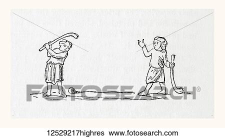 Stock Photograph - An early form of hockey or bandy ball. From Old England: A Pictorial Museum, published 1847.. Fotosearch